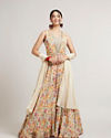 Dark Cream Floral Printed Anarkali with Embroidered Neckline & Belt